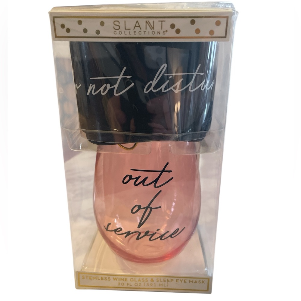 Slant Collections Pink Stemless Wine Glass & Black Sleep Mask Set